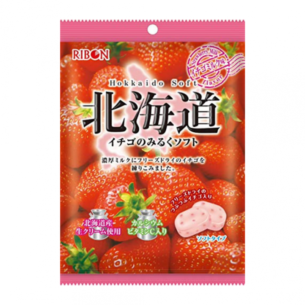 Мягкая карамель RIBON клубника со сливками из префектуры Хоккайдо, 66г Япония