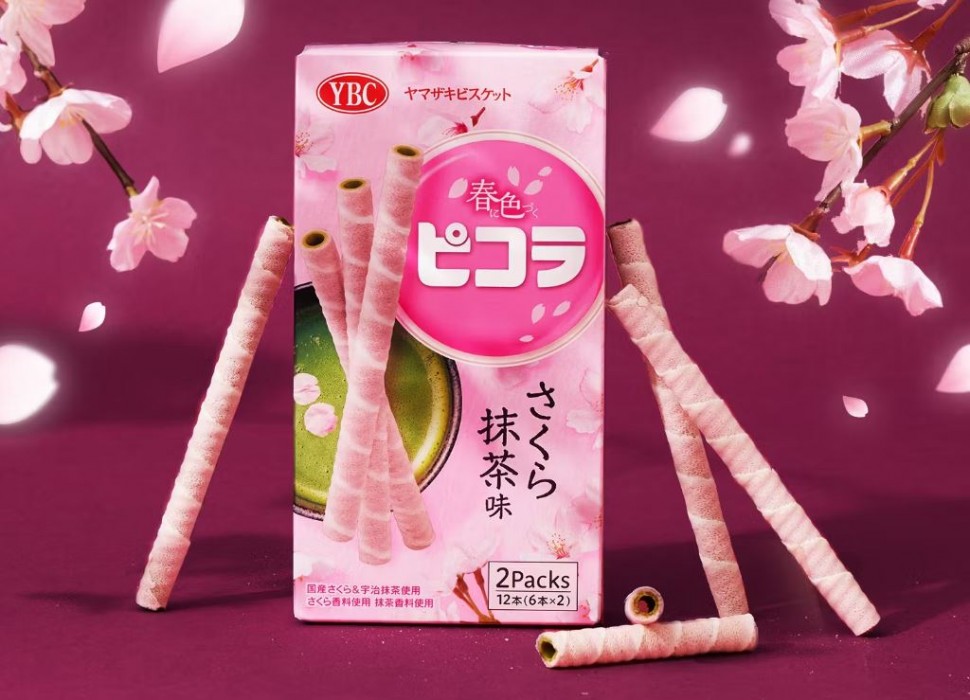 Палочки "Пикола" с печеньем из листьев сакуры и кремовой начинкой из чая маття удзи YBC Picola, 2 порции, лимитированная серия, 77 г, Япония
