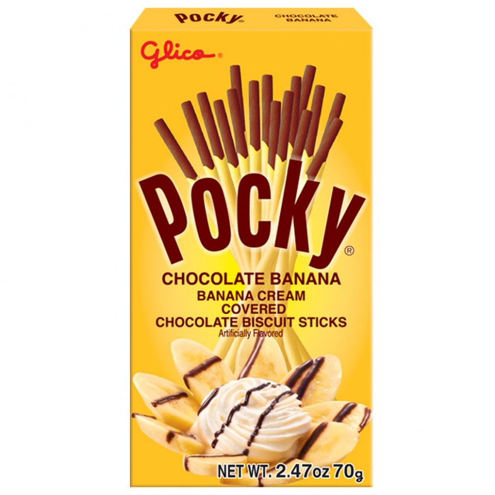 Палочки Pocky с бананом, взбитыми сливками и шоколадным топпингом Glico,42г  Тайланд
