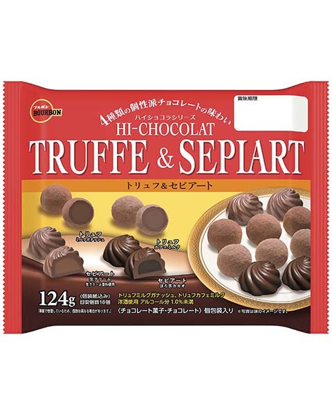 Ассорти четырех видов шоколадных конфет - Трюфели с молочным ганашем и ликером; Кофейные трюфели; Конфеты "Сепиарт" со сливочным кремом Хоккайдо; "Сепиарт" с горьким шоколадным муссом Бурбон Hi-Chocolat Truffe&Sepiart Bourbon, 16 шт, 124 г, Япония 