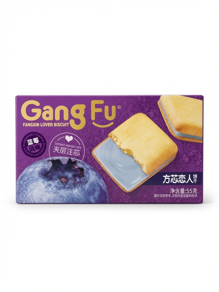 Сэндвич-печенье Gang Fu с кремовой начинкой со вкусом черники (blueberry).