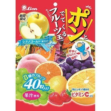 Леденцы фруктовое ассорти: персик, апельсин, яблоко, виноград, лимон, грейпфрут, виноград мускатный, клубника  Lion , 140г Япония